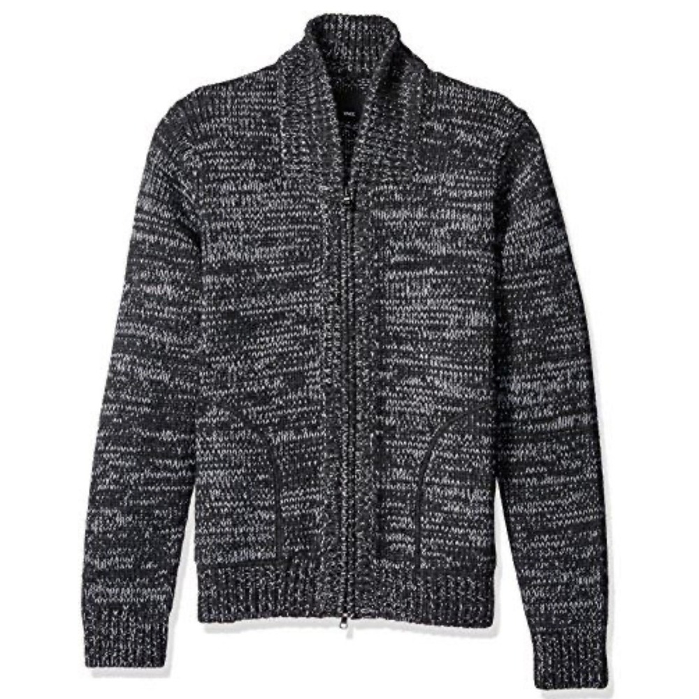 VINCE Mens Marled Wool Yak Blend Zip Front Cardigan Sweater Black Grey L